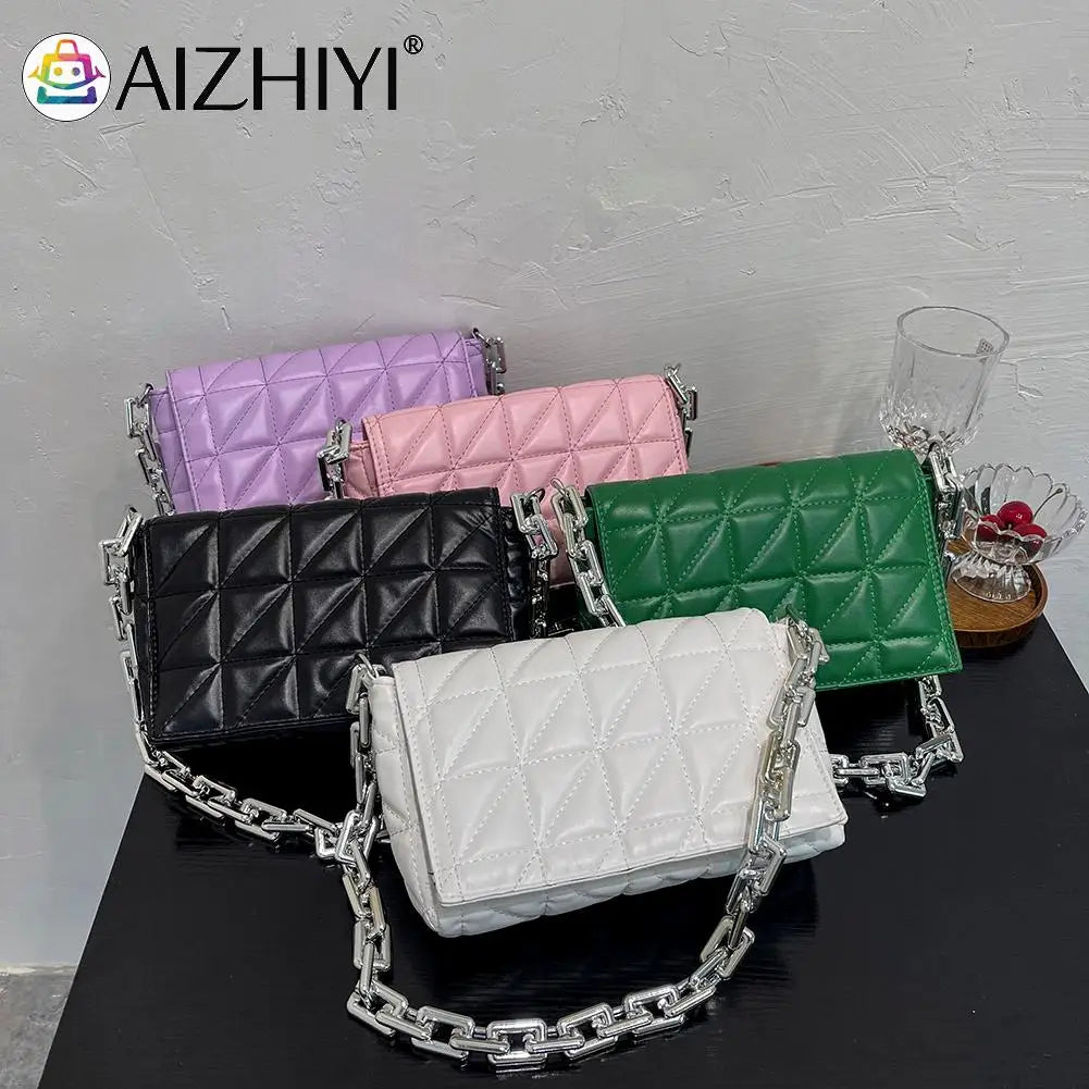 Women PU Leather Checker Pattern Shoulder Bag Chain Handbag Flap Purse
