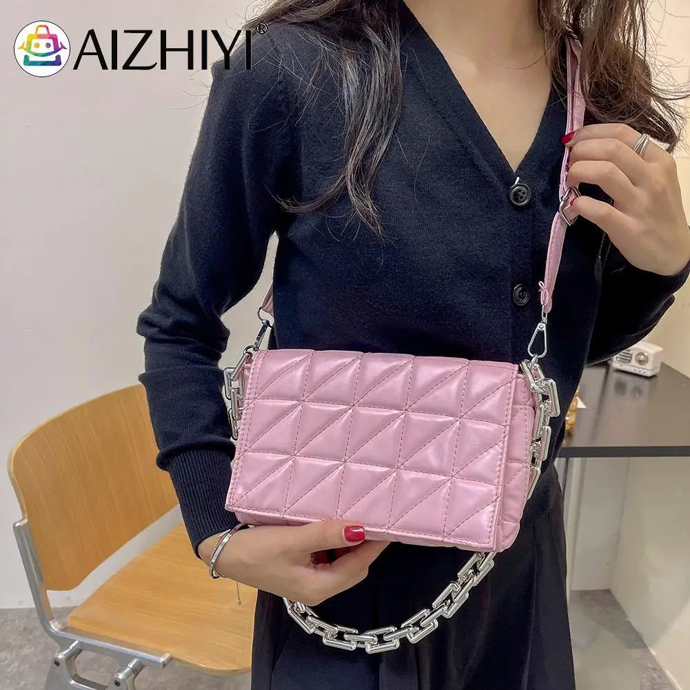 Women PU Leather Checker Pattern Shoulder Bag Chain Handbag Flap Purse