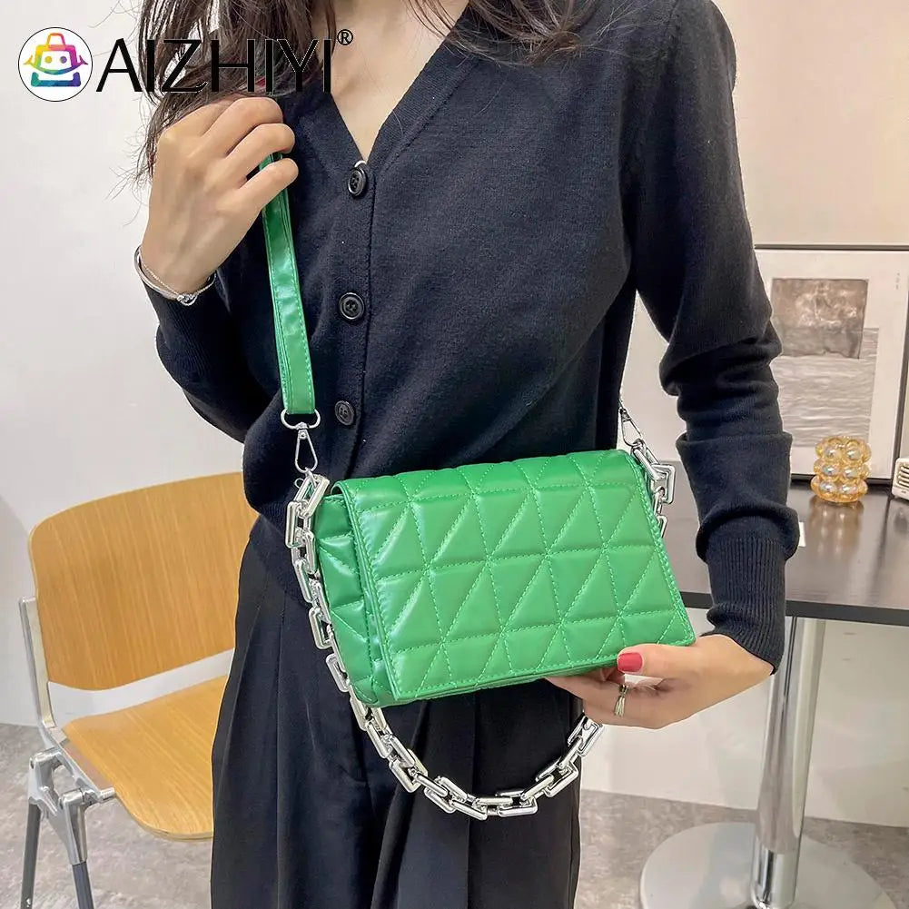 Women PU Leather Checker Pattern Shoulder Bag Chain Handbag Flap Purse