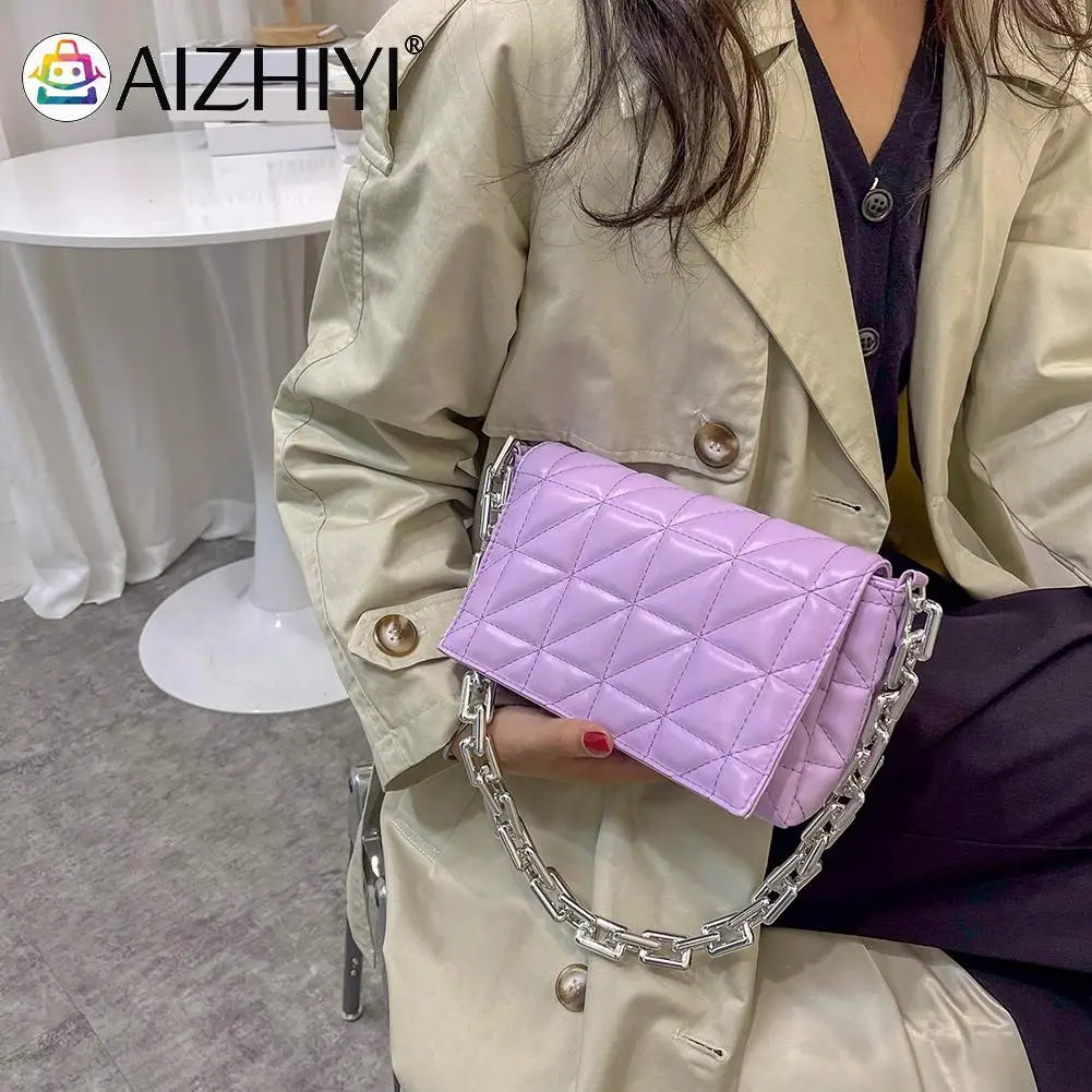 Women PU Leather Checker Pattern Shoulder Bag Chain Handbag Flap Purse