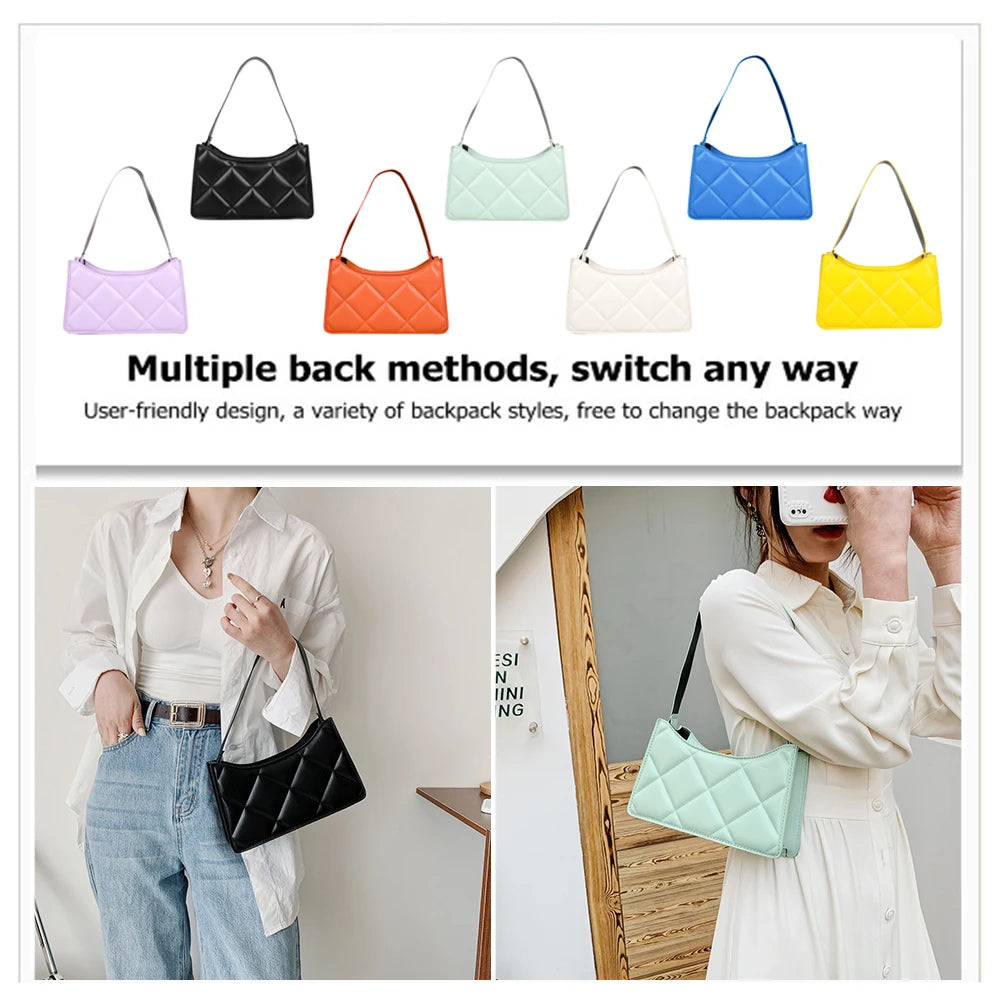 Women PU Shoulder Underarm Bag Solid Lattice Pattern Handbag