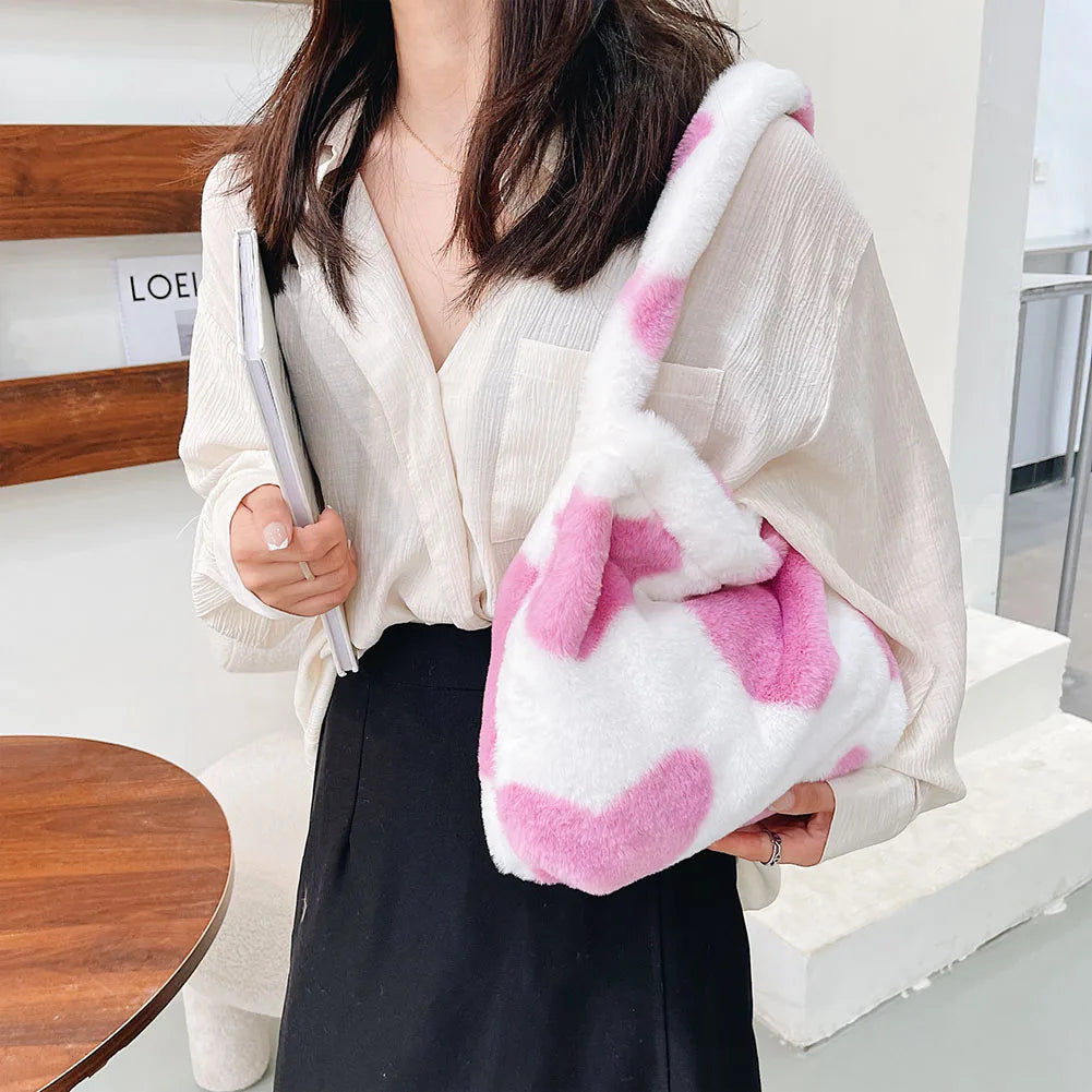Women Plush Leopard Love Heart Underarm Shoulder Bag