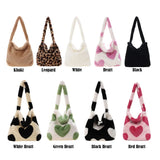 Women Plush Leopard Love Heart Underarm Shoulder Bag