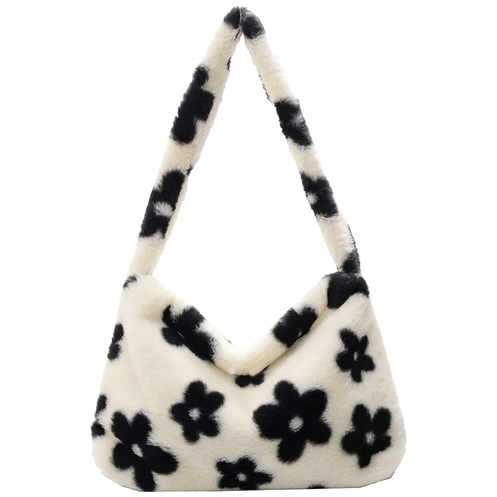 Leopard Love Heart Pattern Plush Shoulder Bag