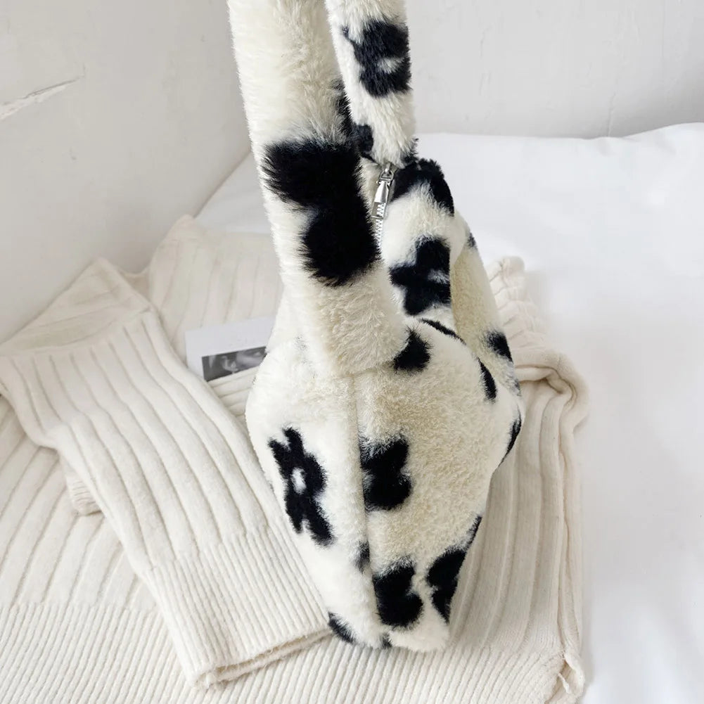 Leopard Love Heart Pattern Plush Shoulder Bag