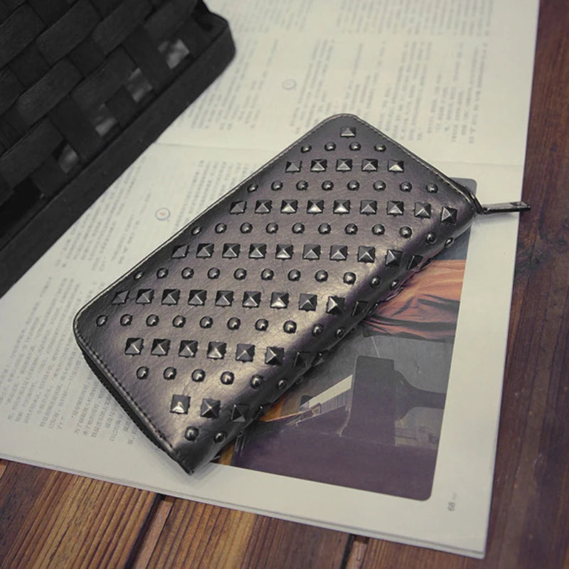 Women Punk Faux Leather Clutch Wallet Rivet Holder Purse Handbag