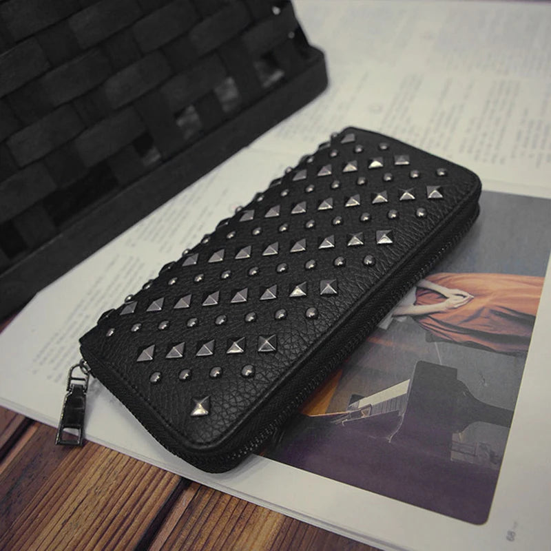 Women Punk Faux Leather Clutch Wallet Rivet Holder Purse Handbag