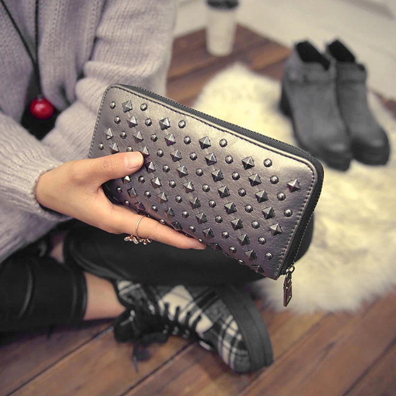 Women Punk Faux Leather Clutch Wallet Rivet Holder Purse Handbag