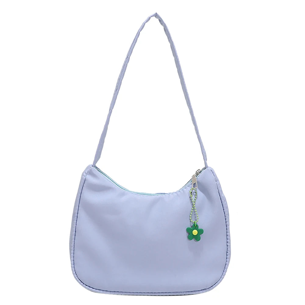 Casual Nylon Underarm Bag with Flower Pendant Tote Purse