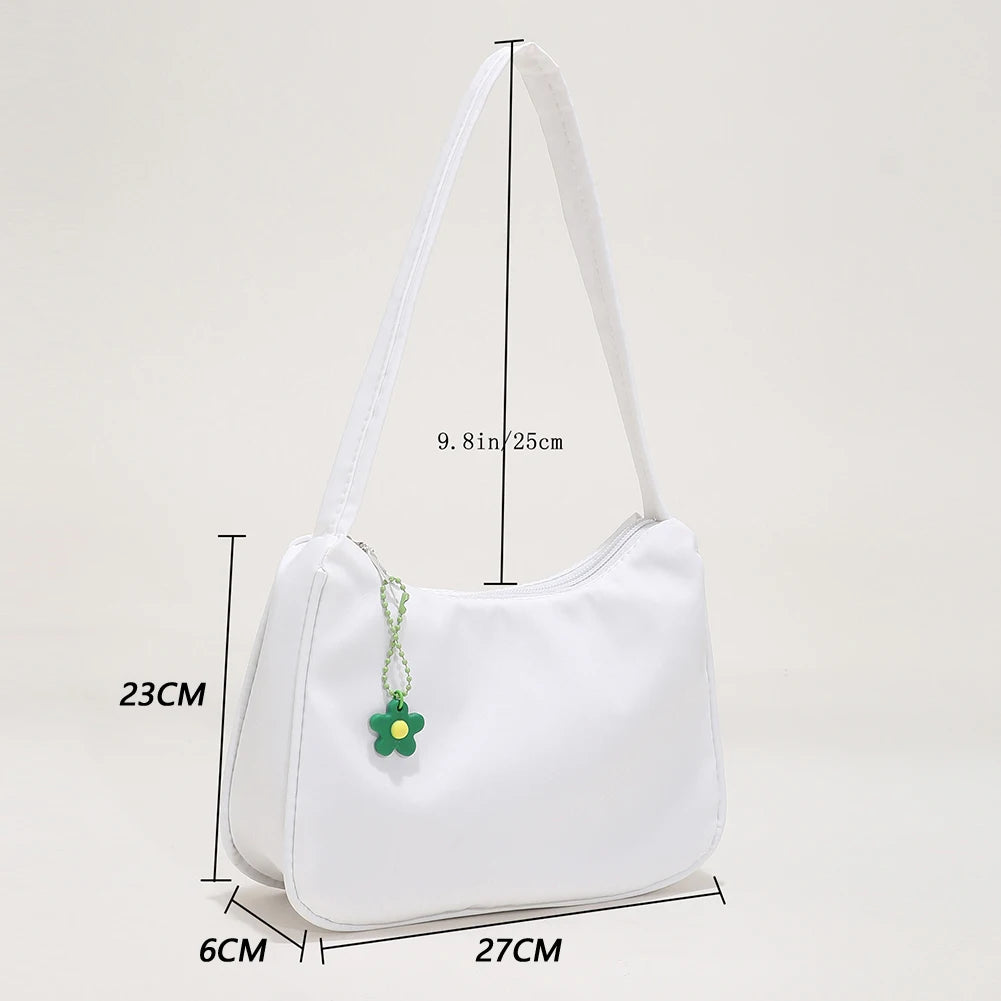 Casual Nylon Underarm Bag with Flower Pendant Tote Purse
