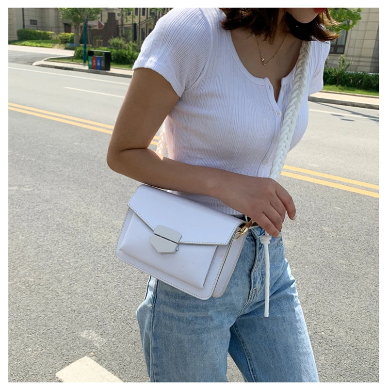 Braided Shoulder Strap Crossbody Bag PU Leather Small Square Bag