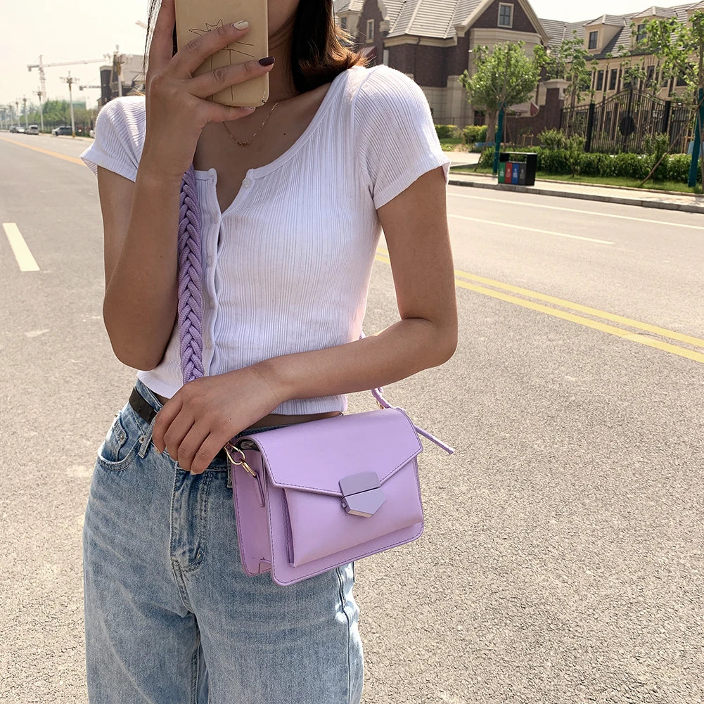 Braided Shoulder Strap Crossbody Bag PU Leather Small Square Bag