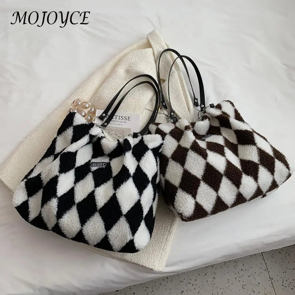 Checkerboard Print Plush Shoulder Bag for Women