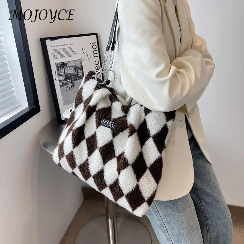 Checkerboard Print Plush Shoulder Bag for Women