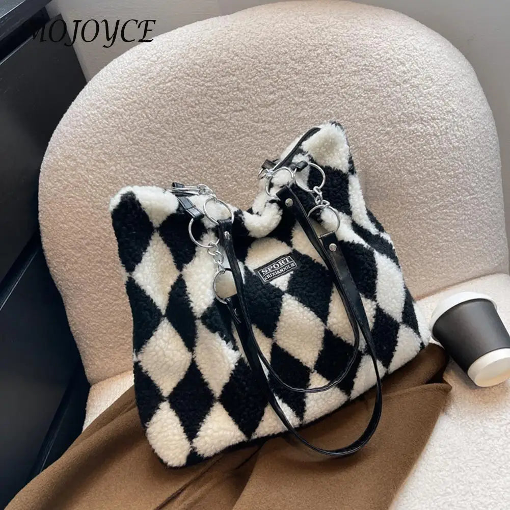 Checkerboard Print Plush Shoulder Bag for Women