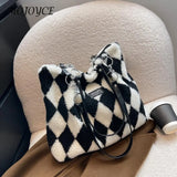 Checkerboard Print Plush Shoulder Bag for Women