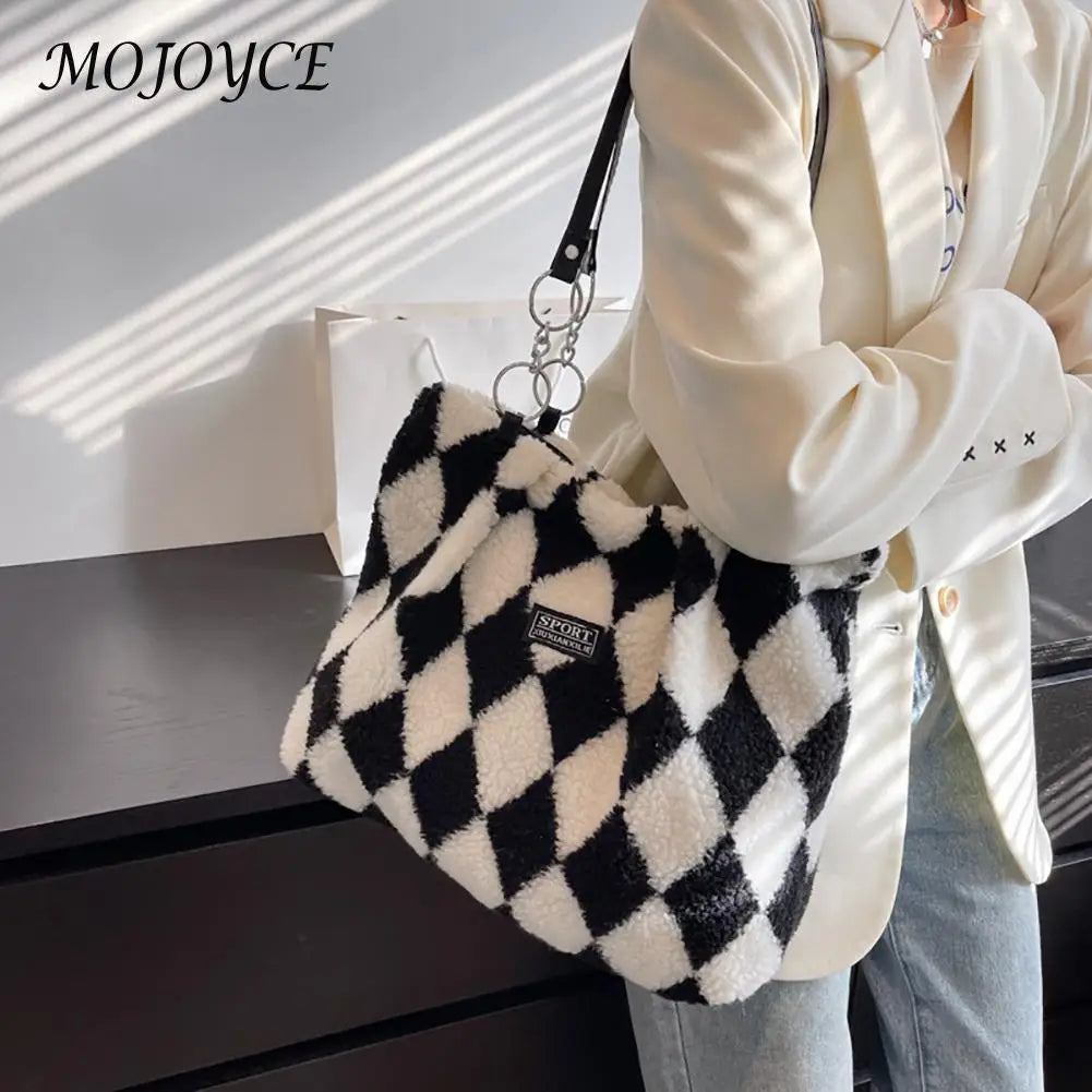 Checkerboard Print Plush Shoulder Bag for Women