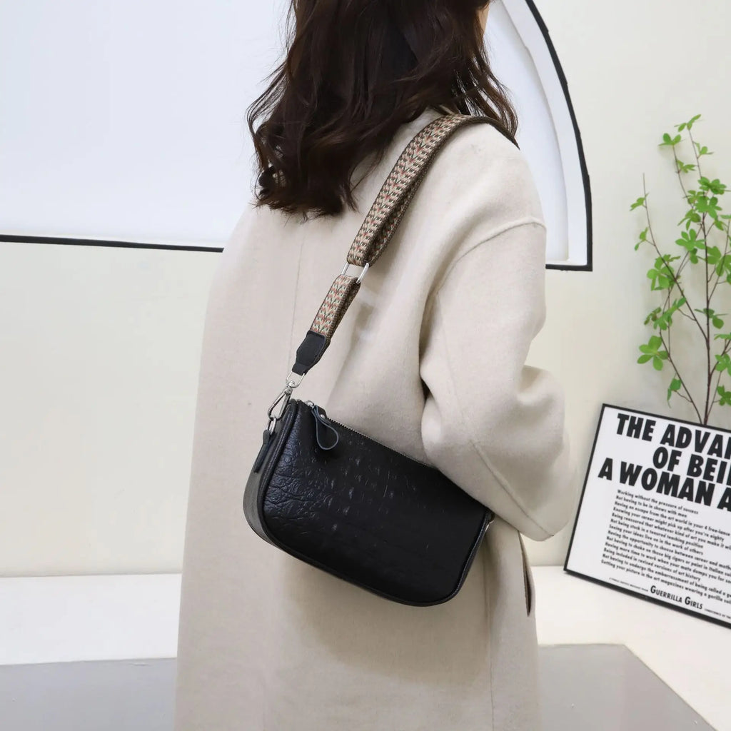 Women Shoulder Bag Crocodile Embossed Leather Wide Strap Crossbody Bags