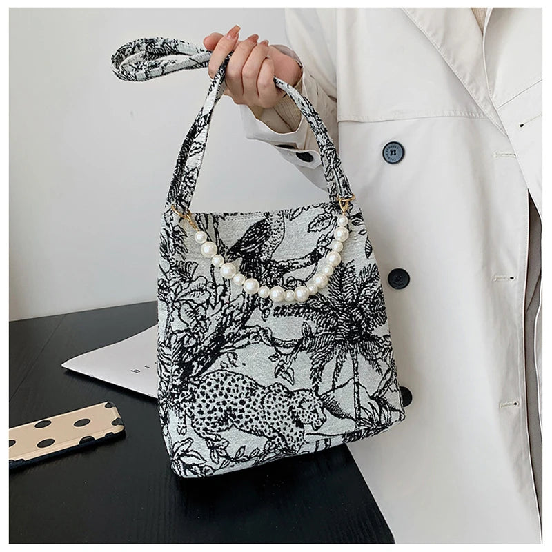 Women Shoulder Bag Handbag Jacquard Embroidery Beach Tote Bags Purse