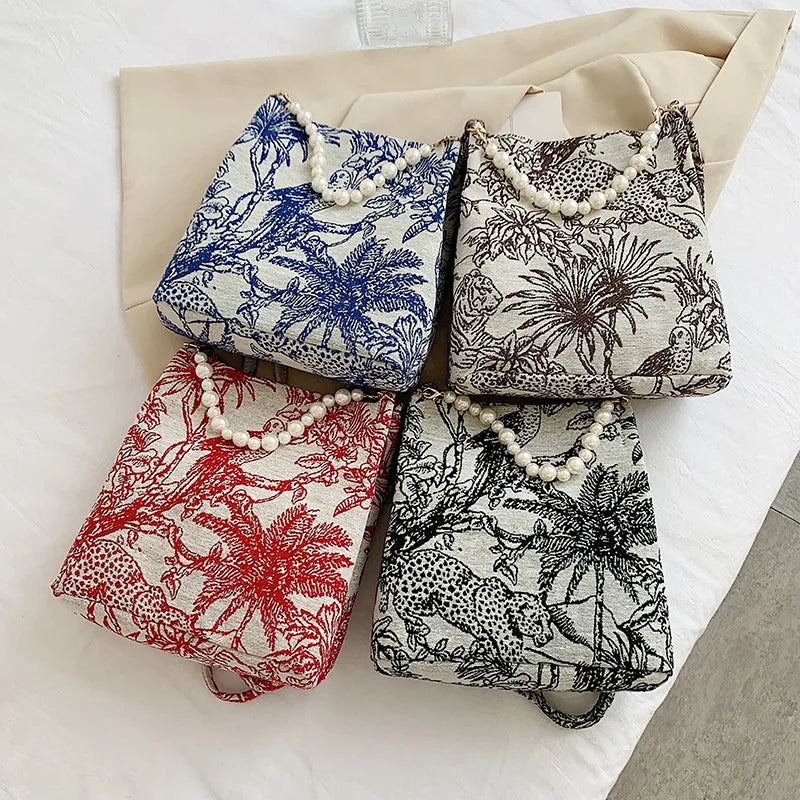 Women Shoulder Bag Handbag Jacquard Embroidery Beach Tote Bags Purse