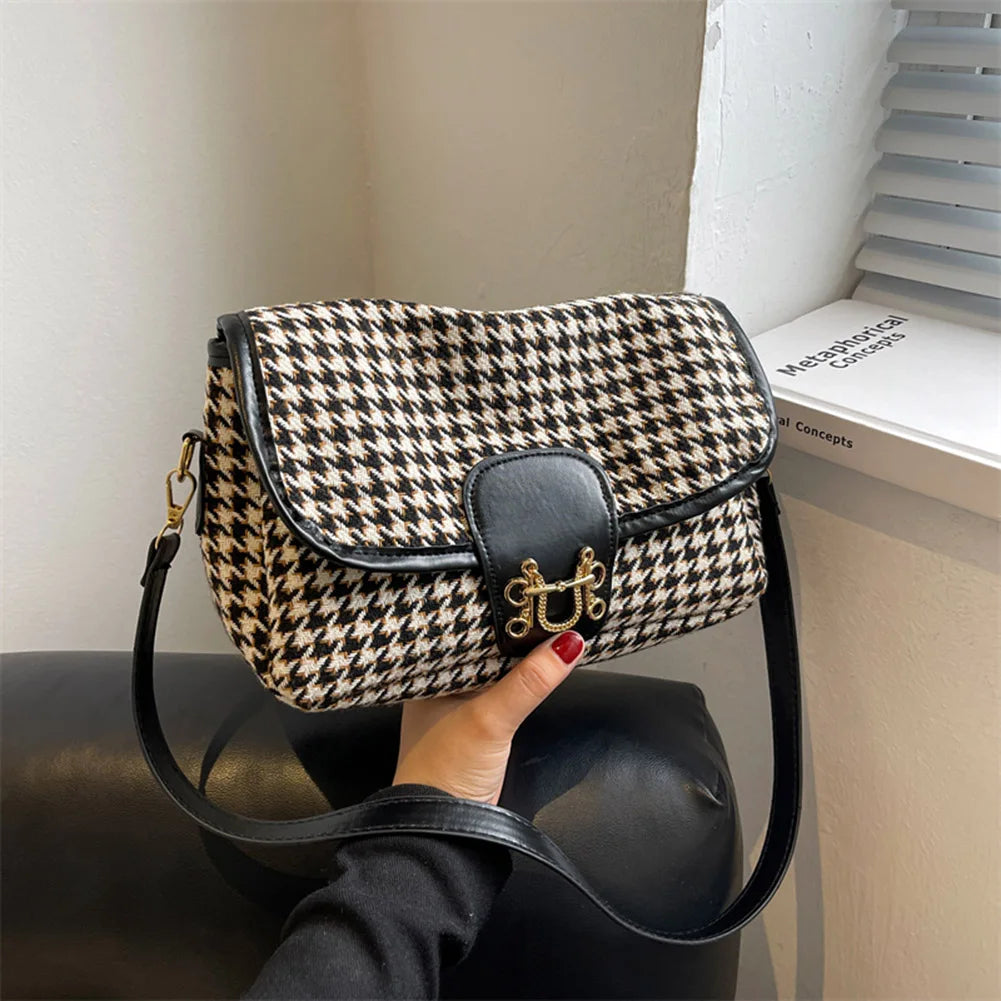 Woolen Cloth Houndstooth Shoulder Bag Casual Crossbody Handbag