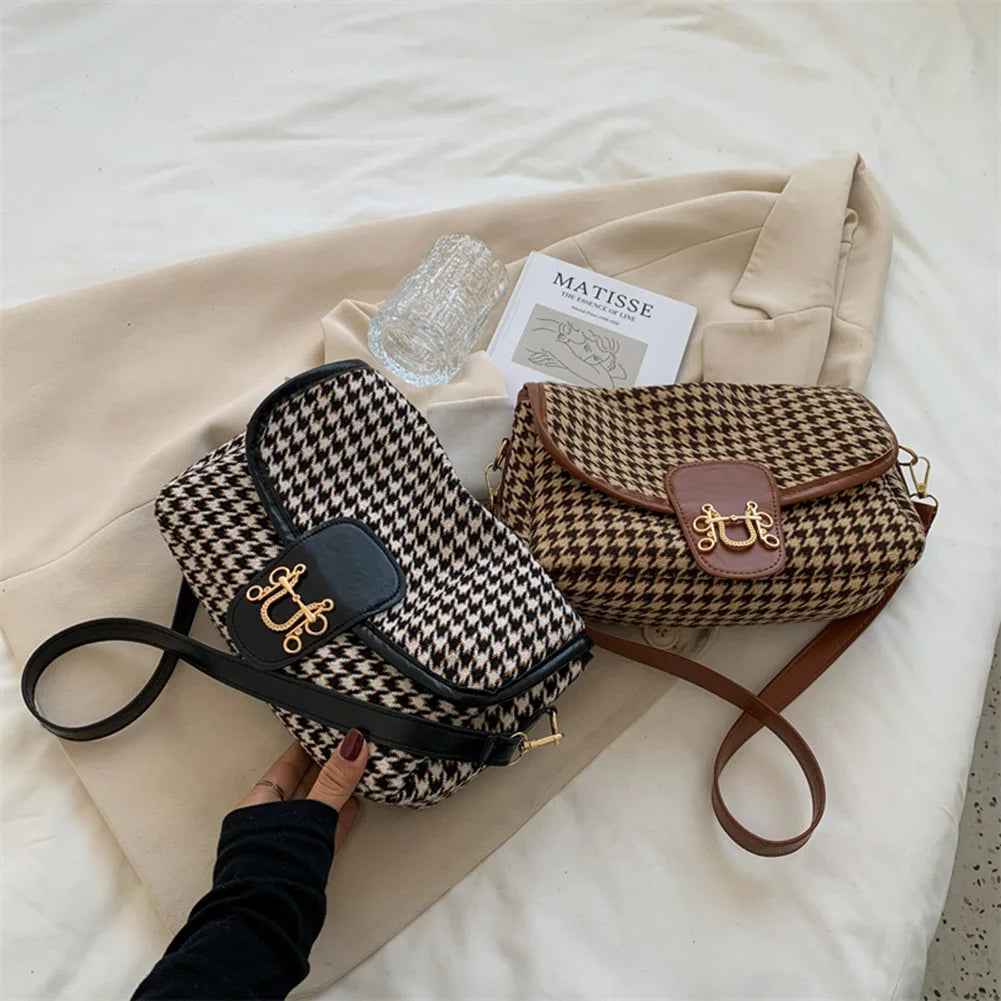 Woolen Cloth Houndstooth Shoulder Bag Casual Crossbody Handbag