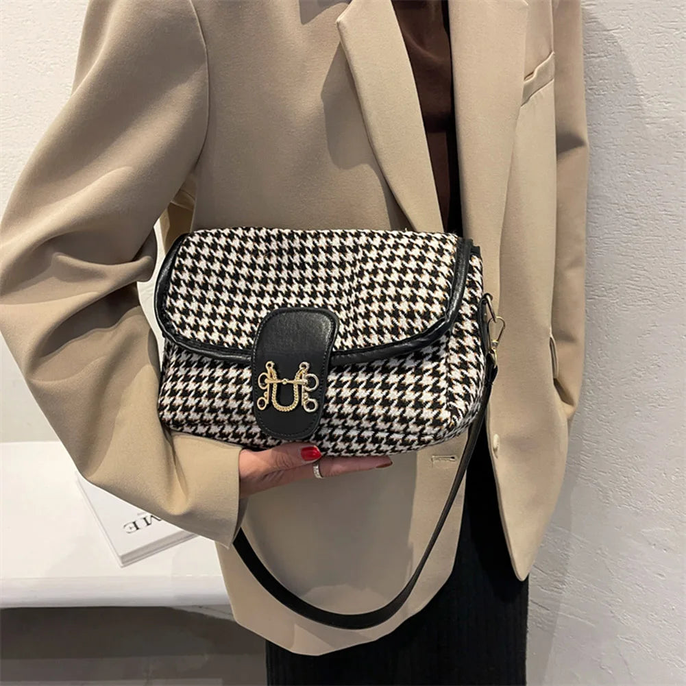 Woolen Cloth Houndstooth Shoulder Bag Casual Crossbody Handbag