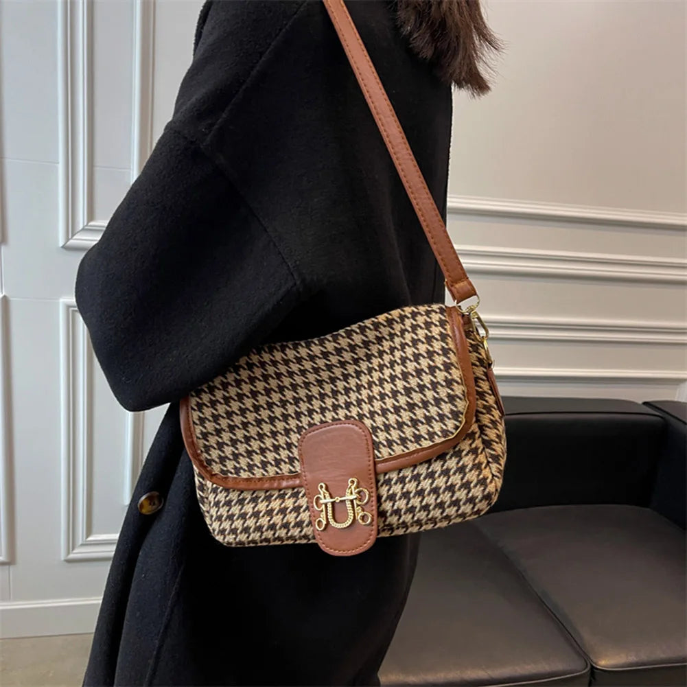 Woolen Cloth Houndstooth Shoulder Bag Casual Crossbody Handbag
