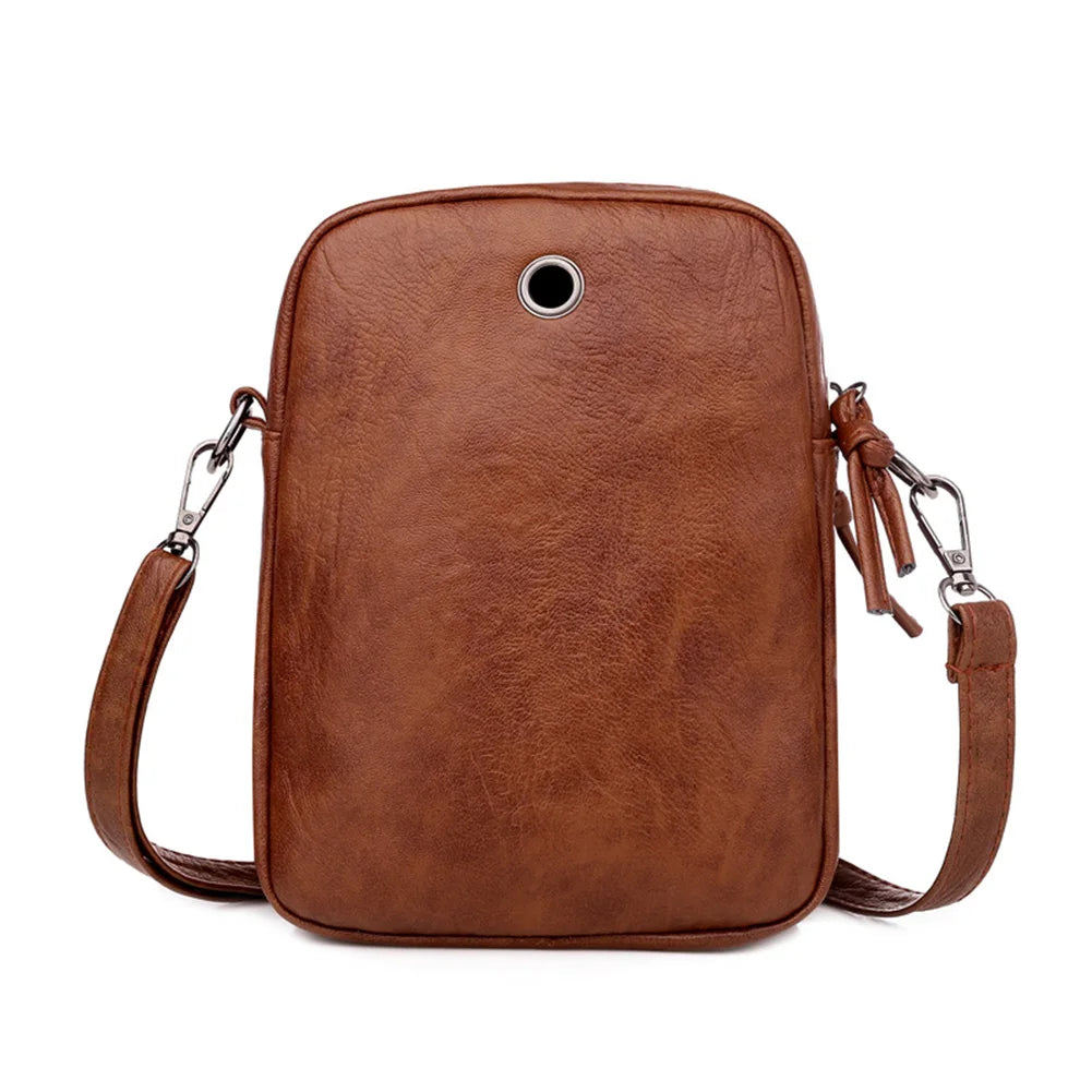 Vintage PU Leather Shoulder Crossbody Bag with Headphone Jack Pouch