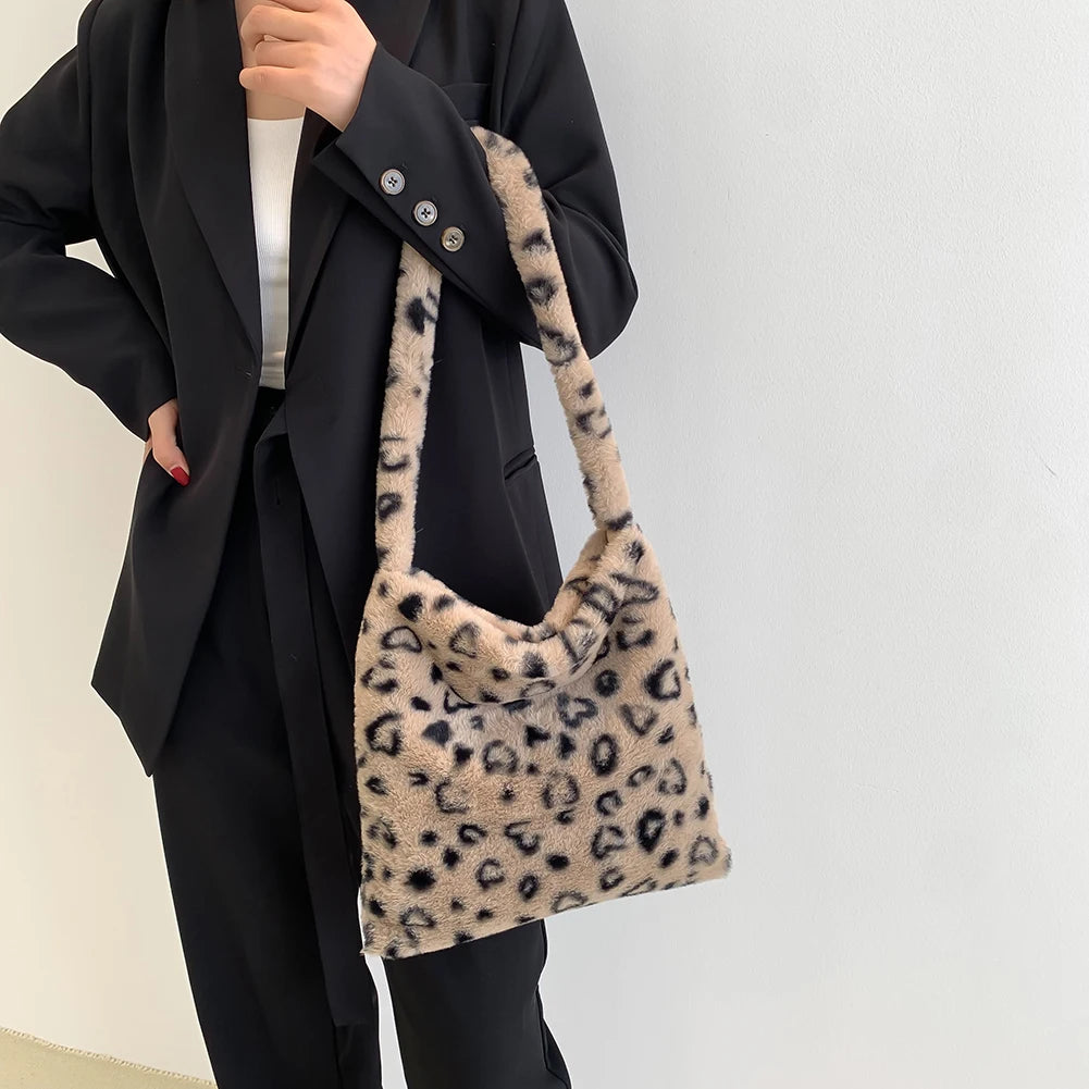 Plush Animal Pattern Shoulder Handbag for Women