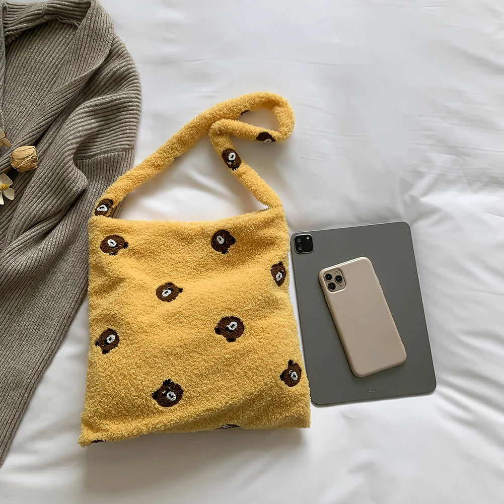 Plush Animal Pattern Shoulder Handbag for Women