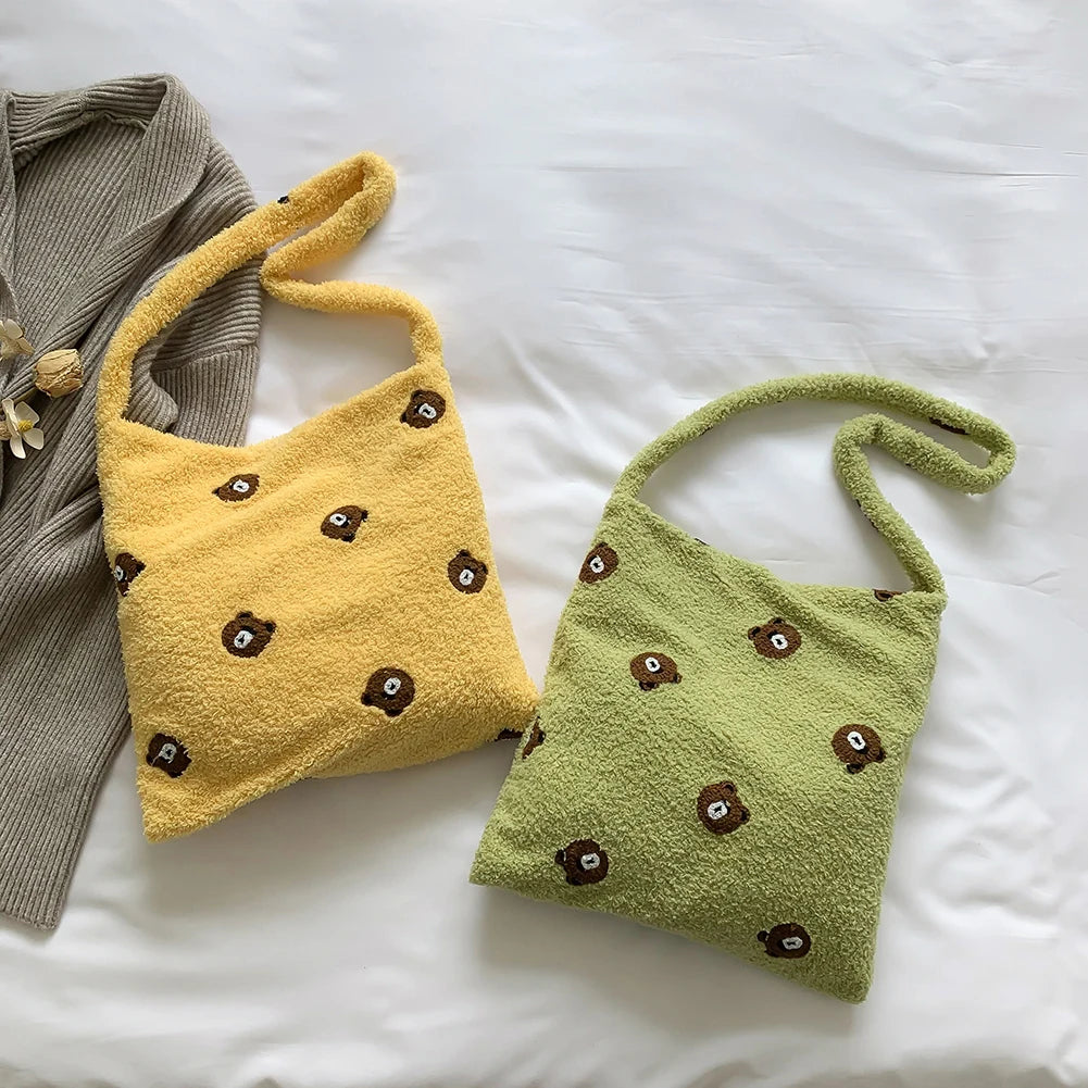Plush Animal Print Shoulder Handbag for Travel