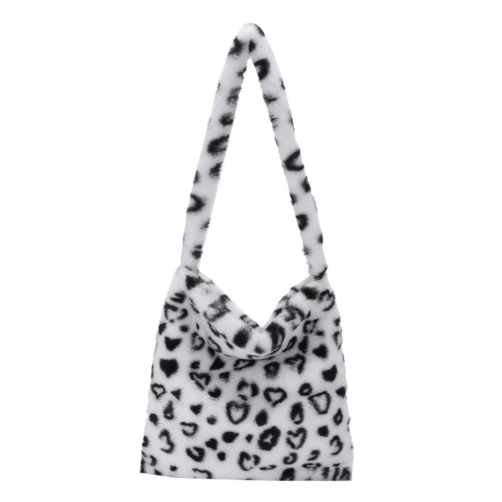 Plush Animal Print Shoulder Handbag for Travel