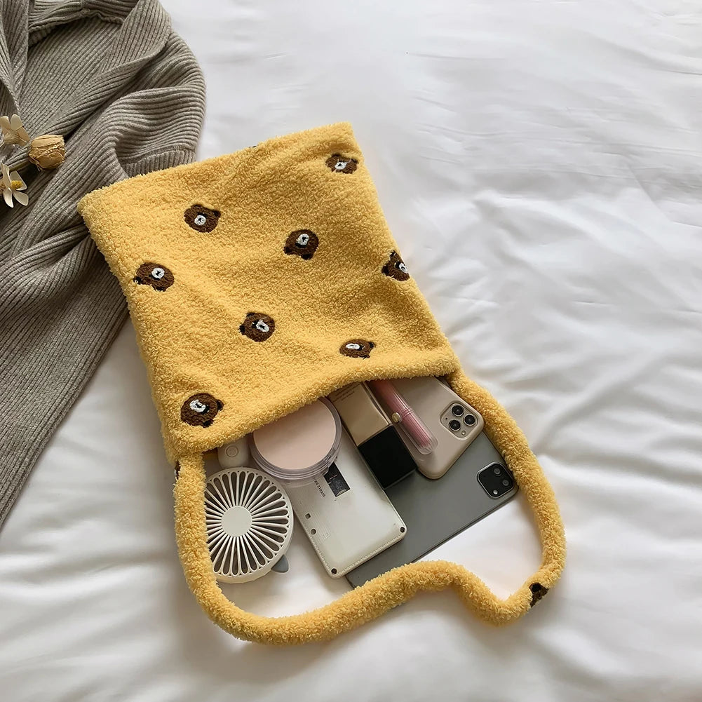 Plush Animal Print Shoulder Handbag for Travel