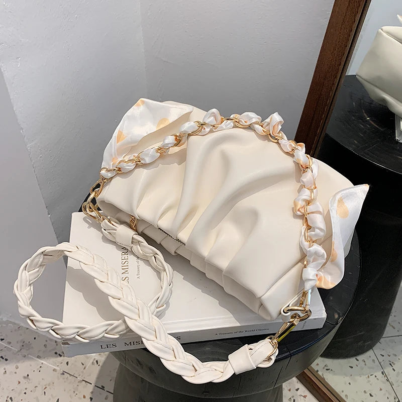 Women Single Shoulder Bag Solid Chain Decor Pu Leather Handbag