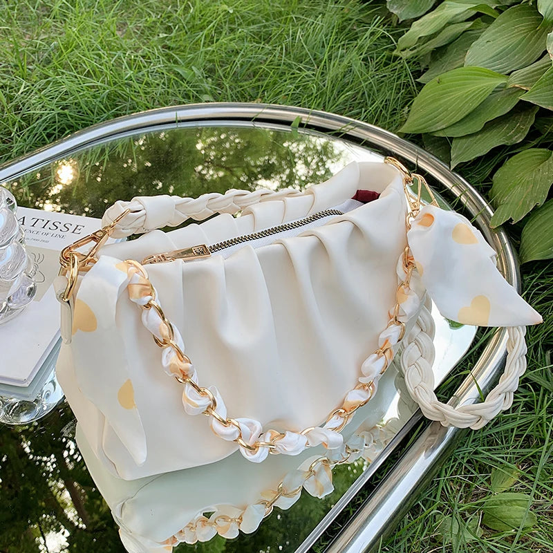 Women Single Shoulder Bag Solid Chain Decor Pu Leather Handbag