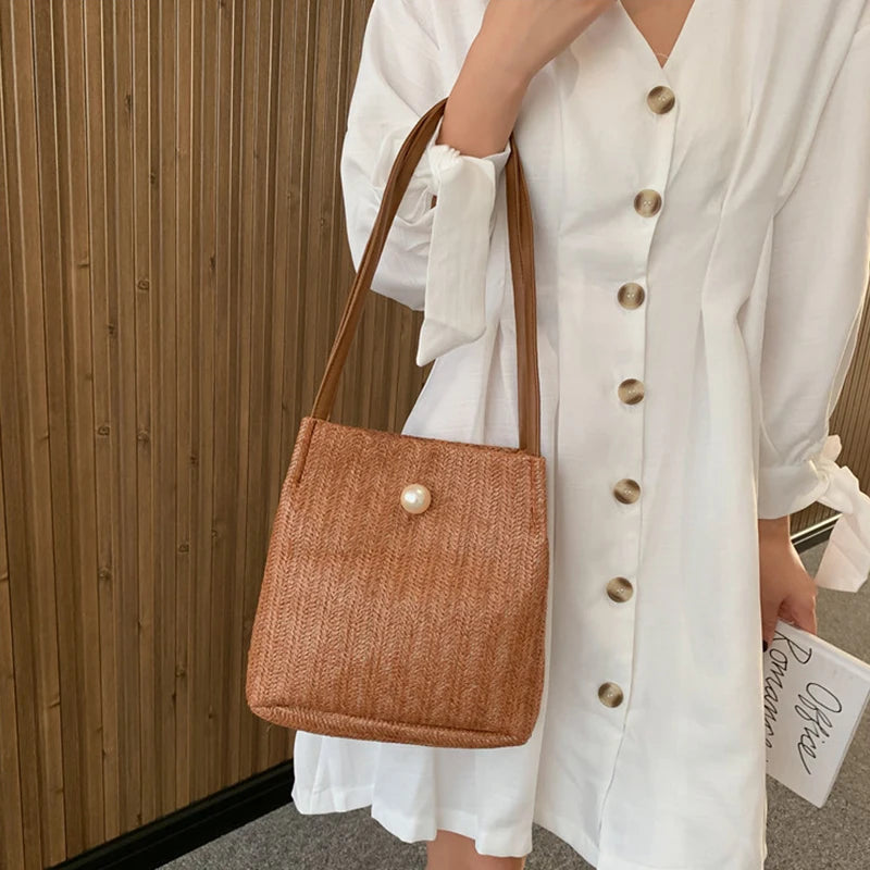 Women Straw Bag Large Capacity Beach Casual Shoulder Handbag Basket Storage