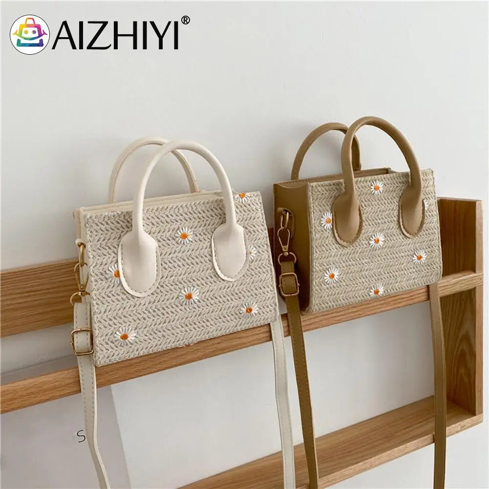 Women Straw Woven Daisy Embroidery Shoulder Bag