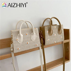 Women Straw Woven Daisy Embroidery Shoulder Bag