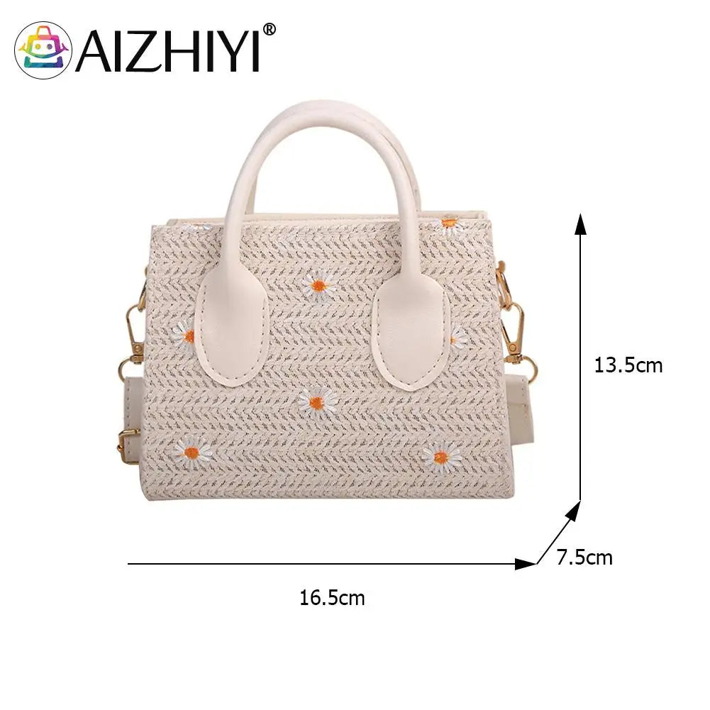 Women Straw Woven Daisy Embroidery Shoulder Bag