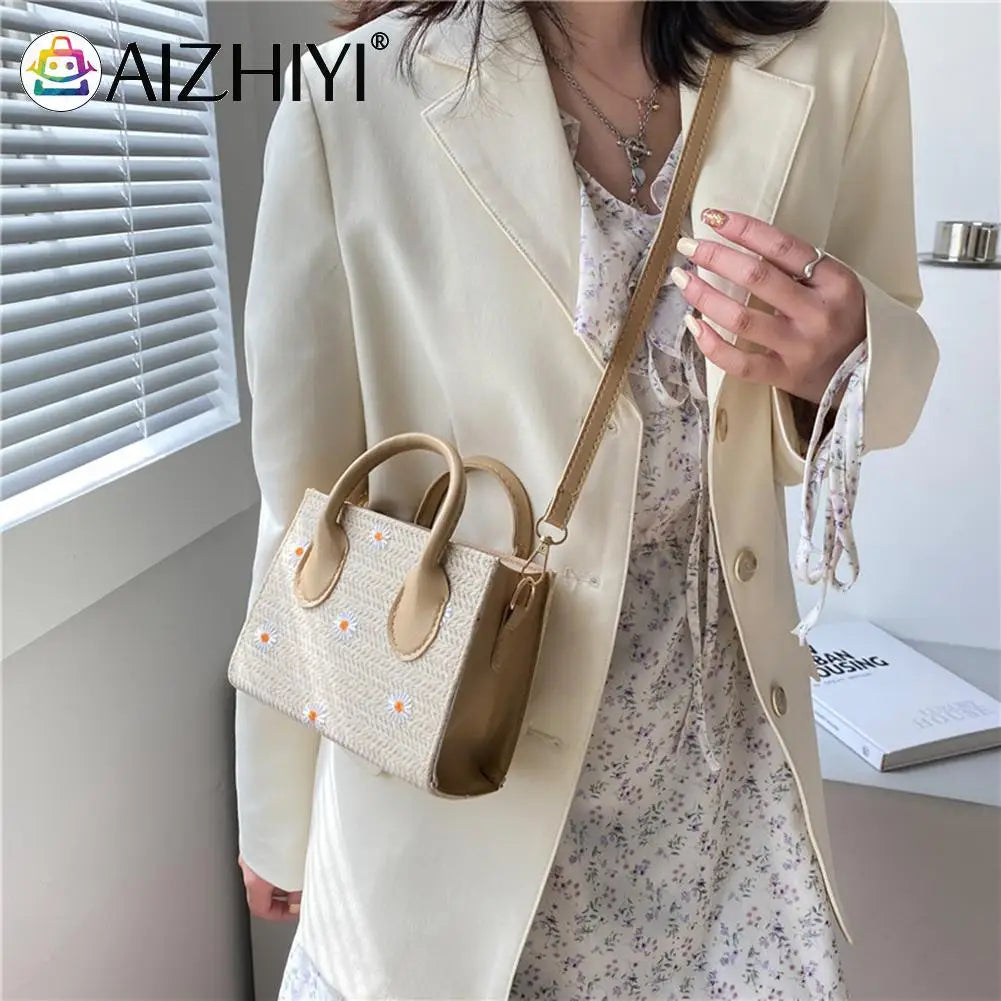 Women Straw Woven Daisy Embroidery Shoulder Bag
