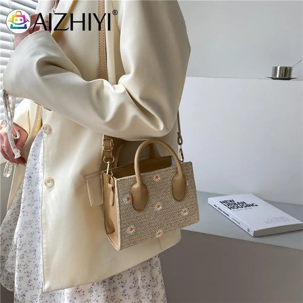 Women Straw Woven Daisy Embroidery Shoulder Bag