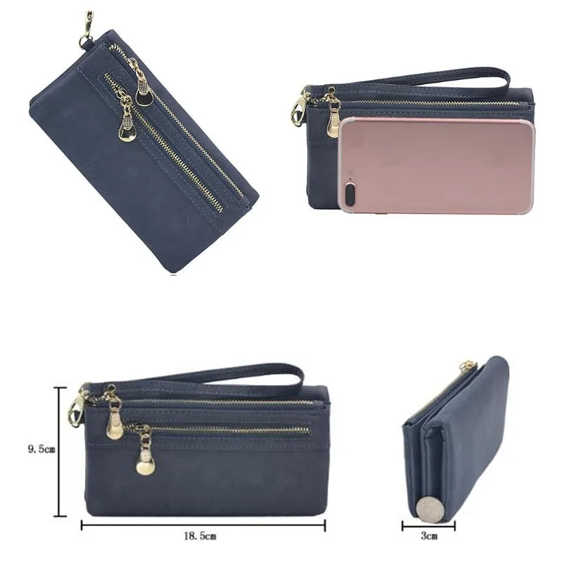 Women Leather Double Zip Clutch Purse Wristlet