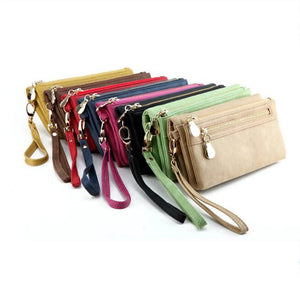 Women Dull Polish Leather Wallet Double Zipper Clutch Purse