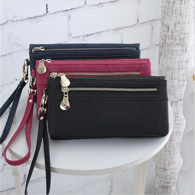 Women Dull Polish Leather Wallet Double Zipper Clutch Purse