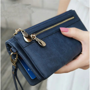 Women Dull Leather Double Zipper Clutch Purse Handbag
