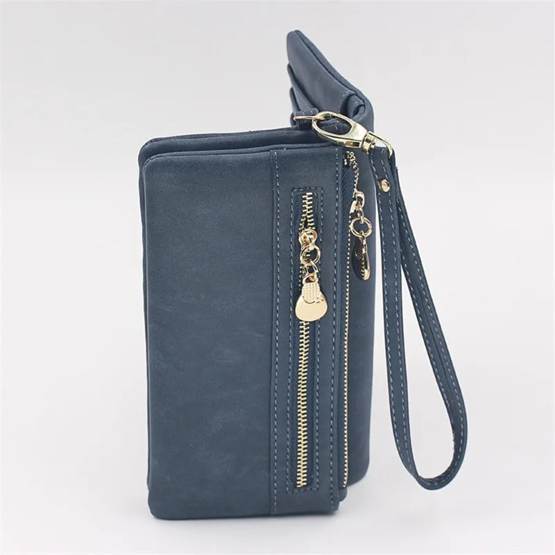 Women Wallets Dull Polish Leather Double Zipper Clutch Purse