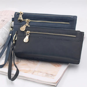 Women Leather Double Zip Clutch Purse Wristlet