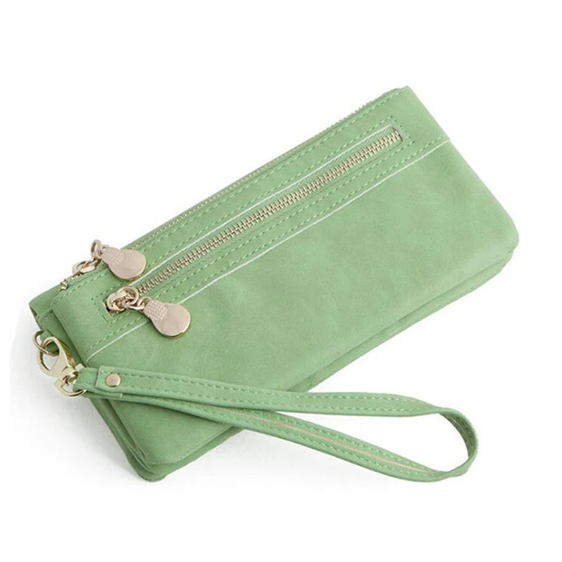 Women Dull Polish Leather Wallet Double Zipper Clutch Purse
