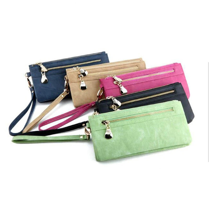 Women Dull Polish Leather Wallet Double Zipper Clutch Purse